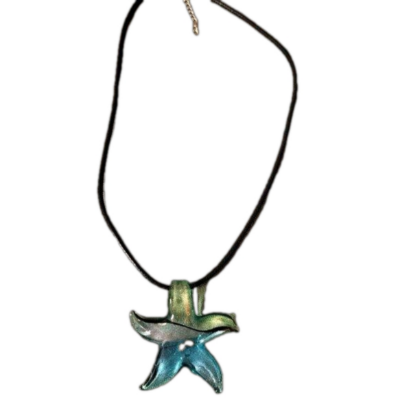 Jewelry - Vintage Hand-Blown Glass Star Pendant, Leather cord Choker, NWOT